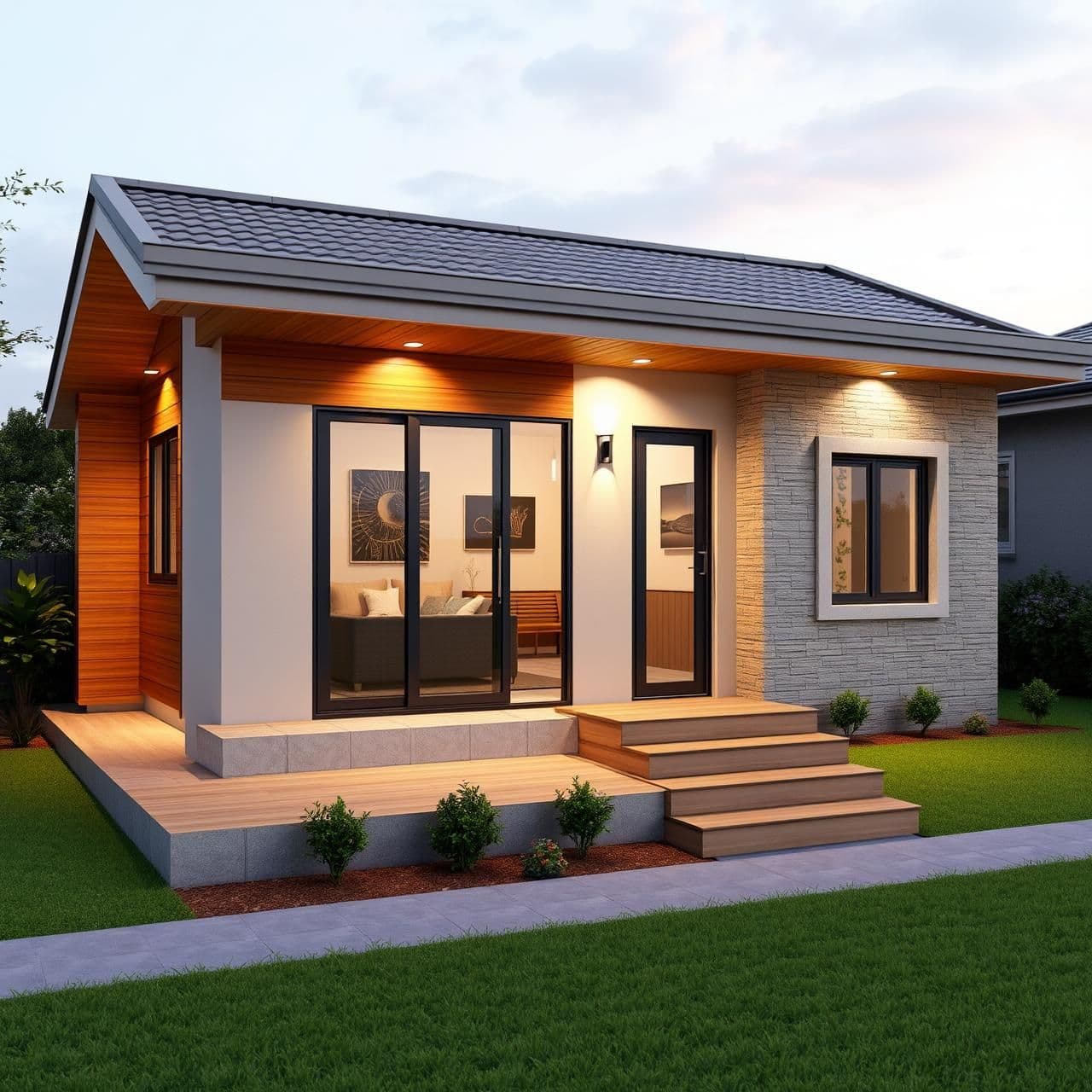 AI generated: 3D rendering of a modern, compact 3-bedroom north-facing house on a 3-cent plot. Show the front façade with a small porch, sliding glass doors and windows, warm wood and stone acce
