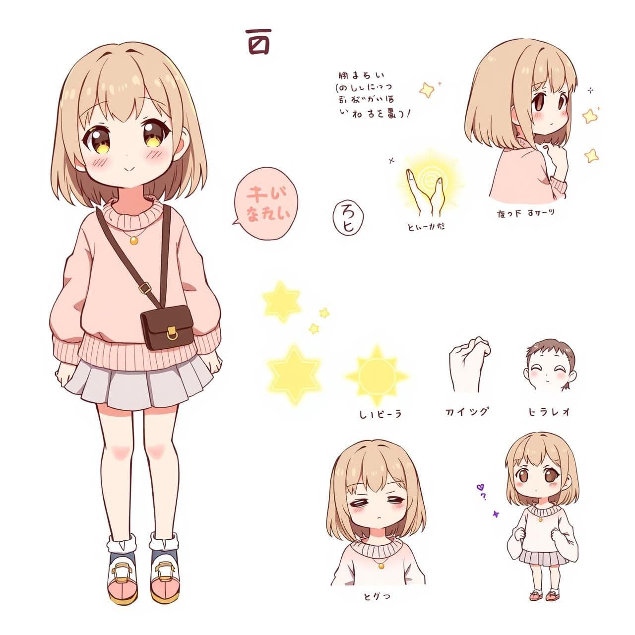 AI generated: Anime character sheet of a cute teenage girl with soft features.
Medium-length light brown hair, big warm eyes, innocent smile.
Outfit: pastel sweater, short pleated skirt, small