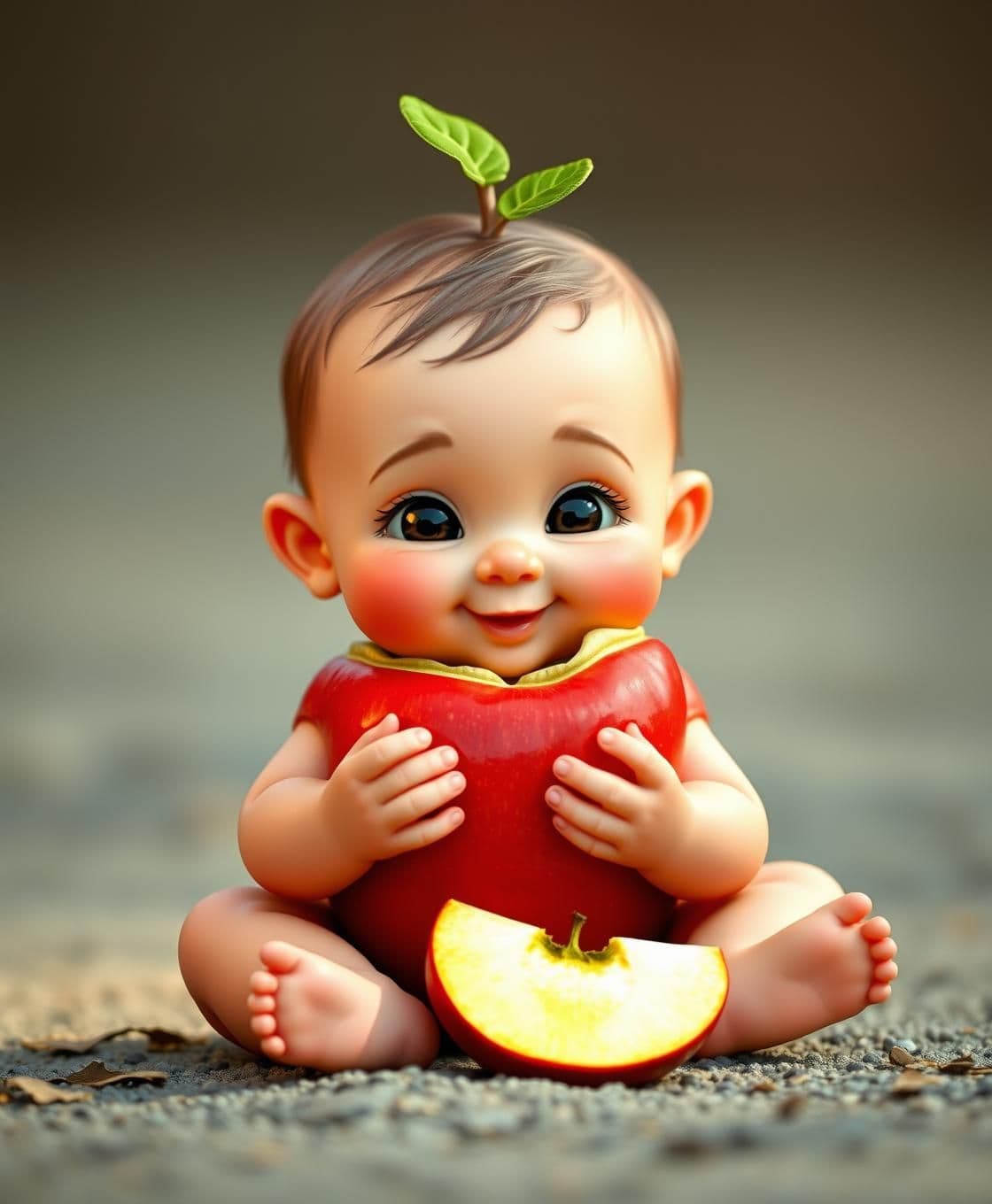 AI generated: A cute baby boy sitting like a human, but his body is shaped like a shiny red apple. The apple has a smooth surface with a small green leaf on top like hair. The apple baby boy is