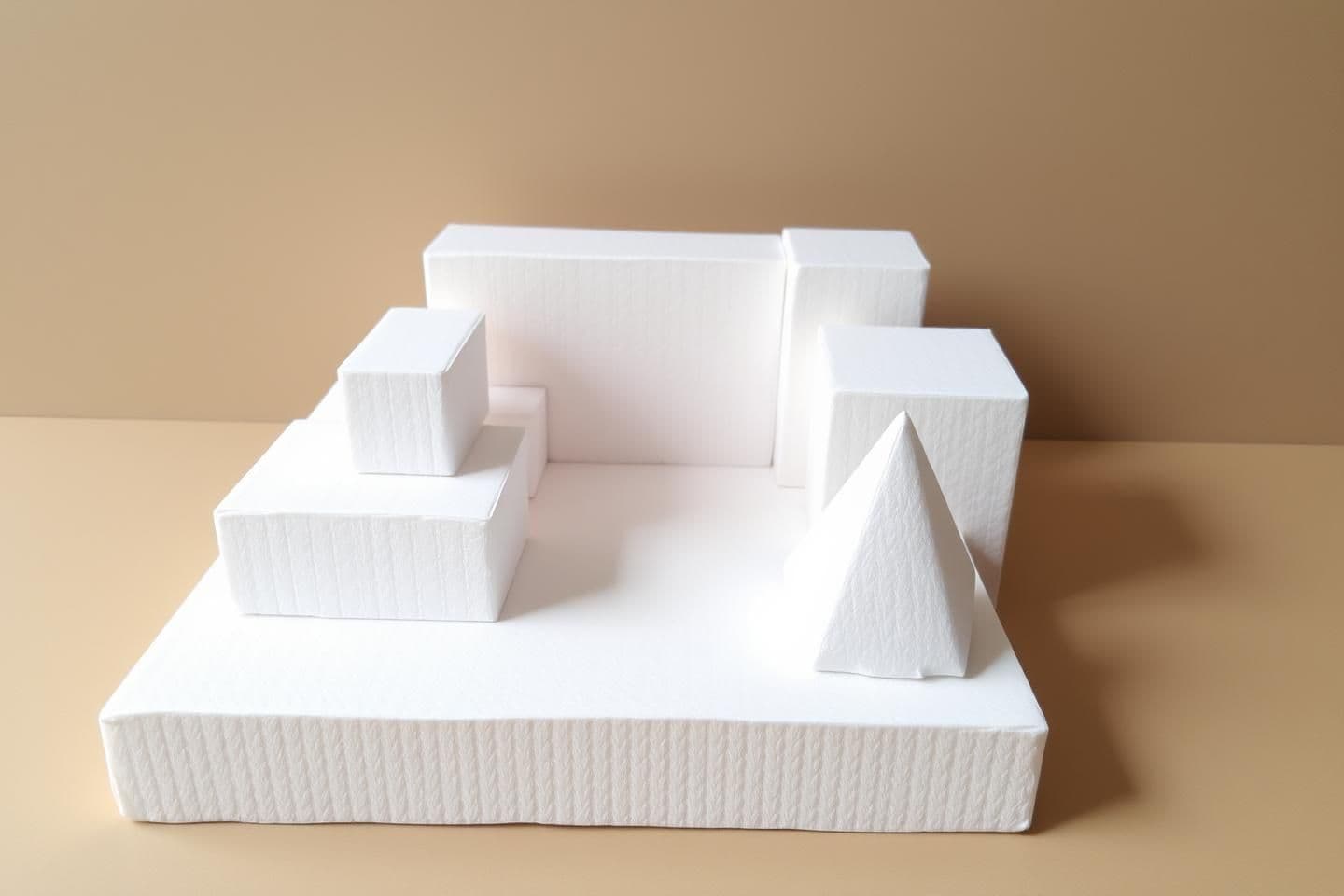 AI generated: The task is to build space, not objects. Using floral foam bricks, you will compose a spatial module using any three combinations from the following: 03 cubes (50×50×50 mm), 0