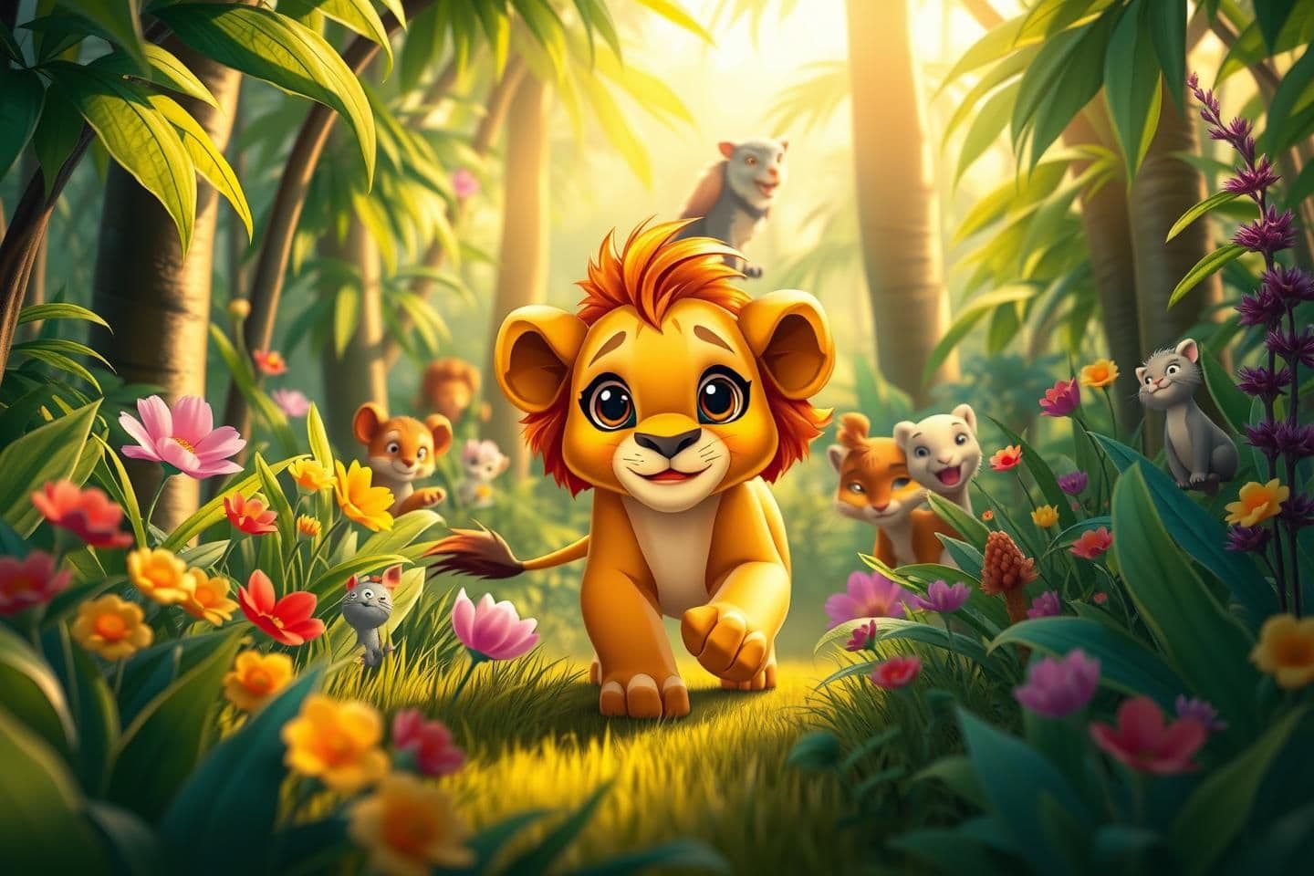 AI generated: 1. Leo in the Colorful Jungle
Prompt:
A small, cute young lion with bright curious eyes walking through a colorful jungle filled with tall green trees, vibrant flowers, and soft s