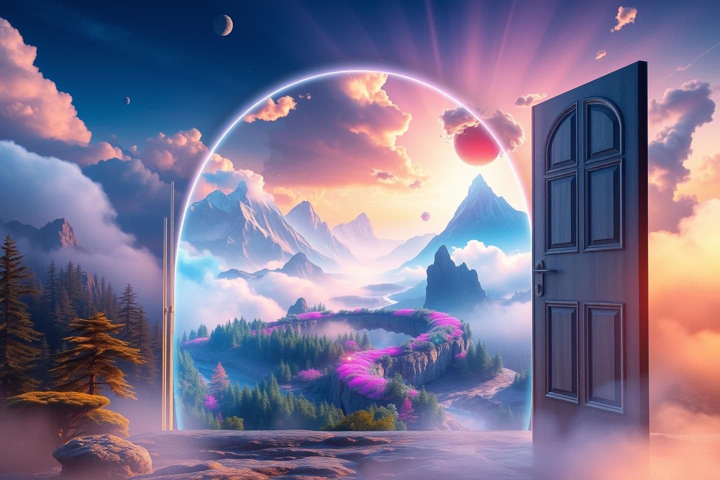 AI generated: A breathtaking fantasy dream world seen through a half-open glowing blue door, floating mountains in the sky, neon forests, shining rivers, vibrant magical colors, soft godrays com