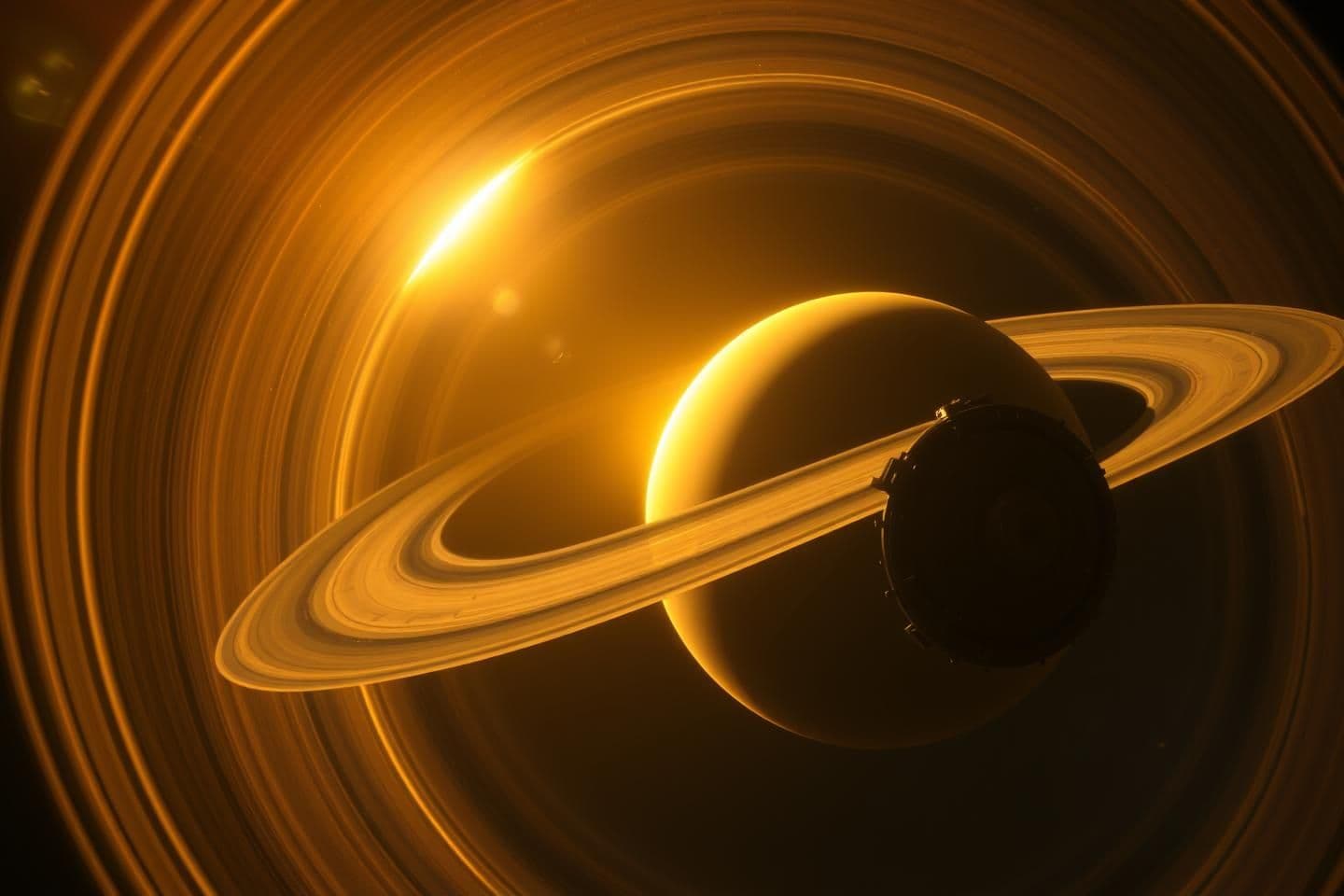 AI generated: A majestic cinematic view of Saturn and its glowing rings as the Pioneer spacecraft approaches. The golden sunlight reflects beautifully off the icy rings, creating a breathtaking