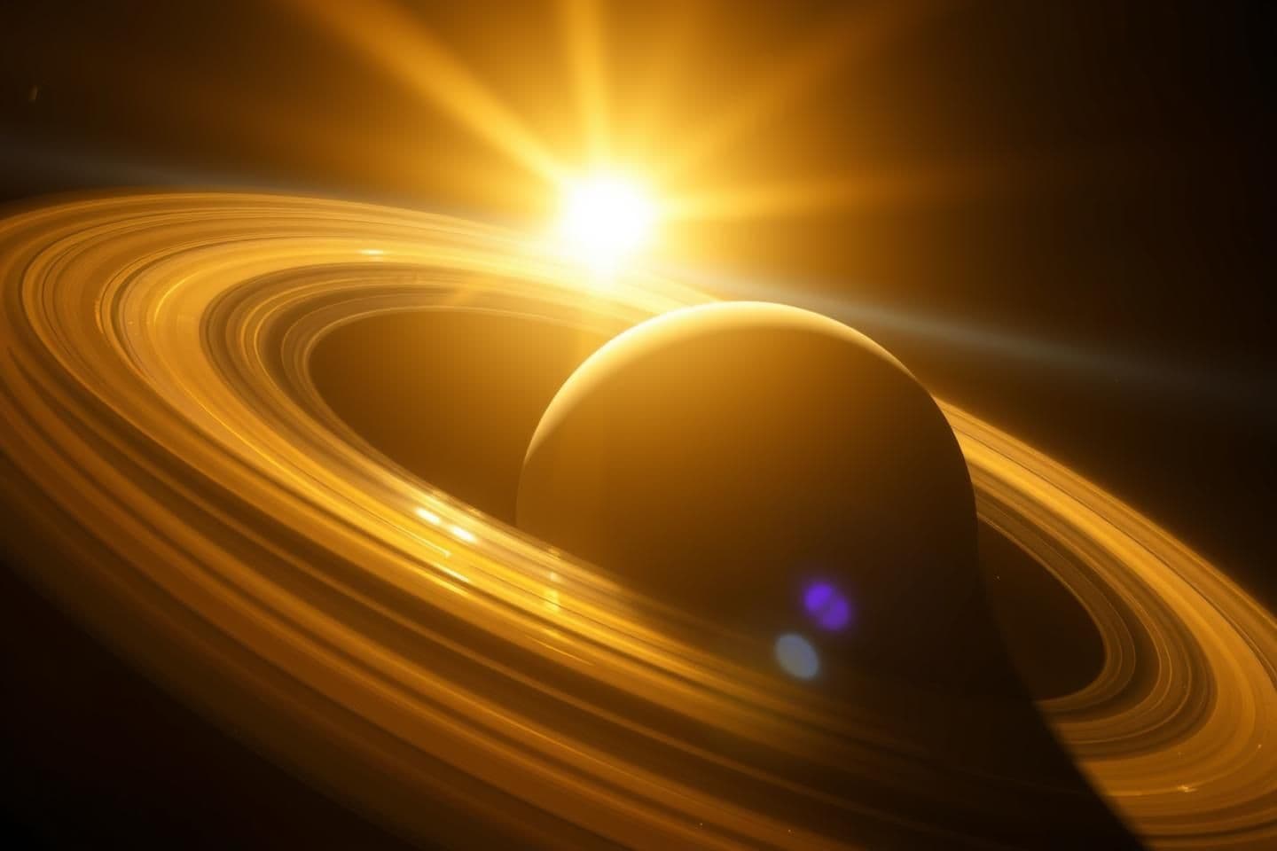 AI generated: A majestic cinematic view of Saturn with Name Al -Baari and its glowing rings as the Pioneer spacecraft approaches. The golden sunlight reflects beautifully off the icy rings, crea