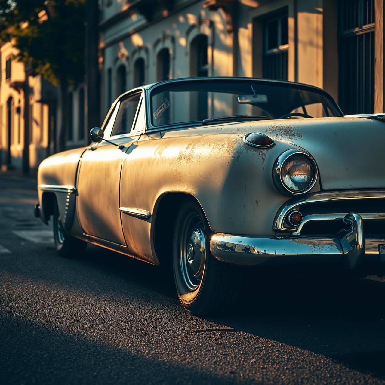 AI generated: “A beautifully aged vintage car parked on a quiet old street, faded paint, light rust texture, chrome details shining softly, nostalgic 1950s vibe, warm golden-hour sunlight, cinem