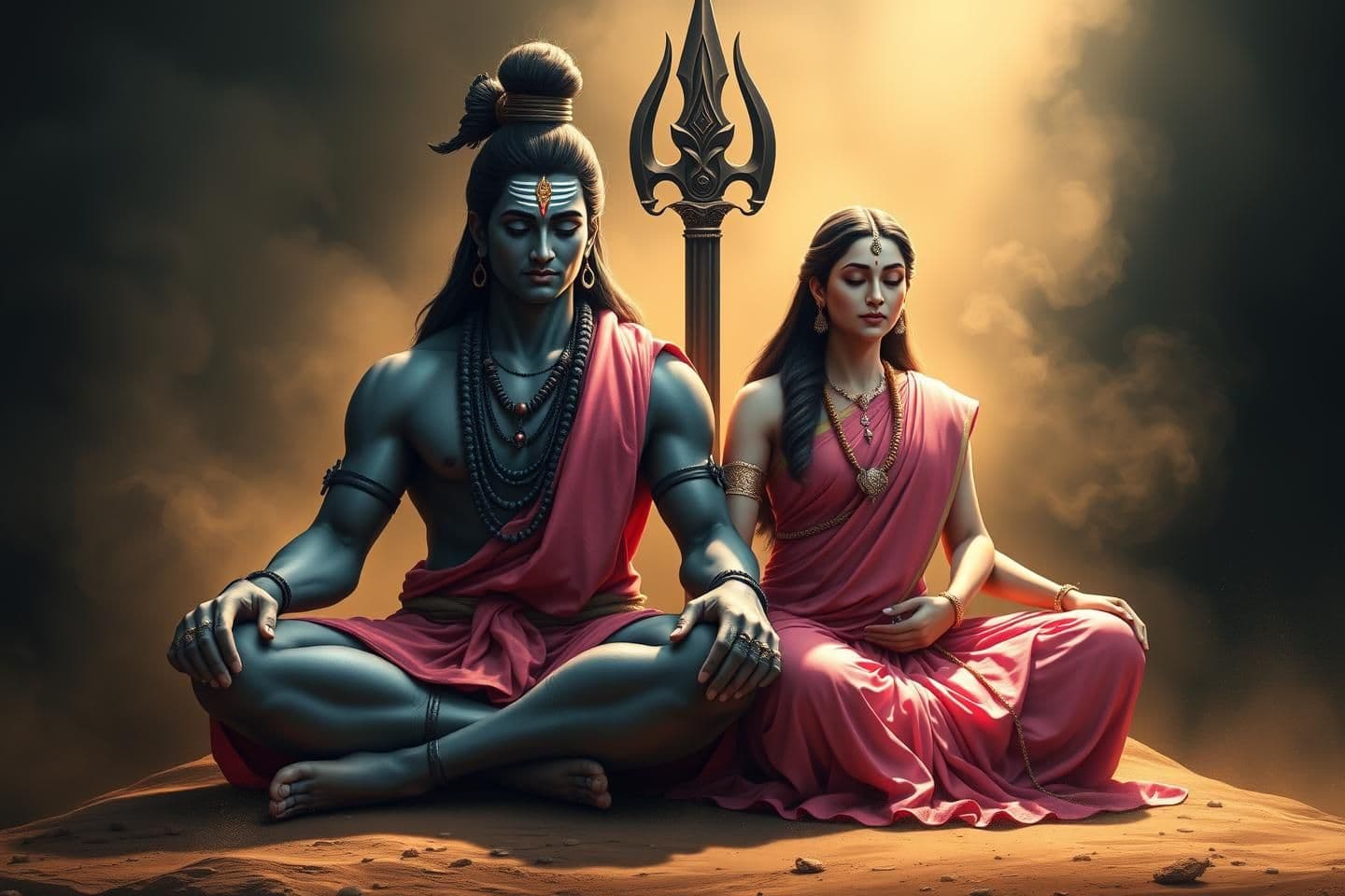 AI generated: Create a highly detailed, ultra-realistic digital painting of Lord Shiva and Goddess Parvati sitting together in a meditative pose. Shiva should have long matted hair tied in a bun