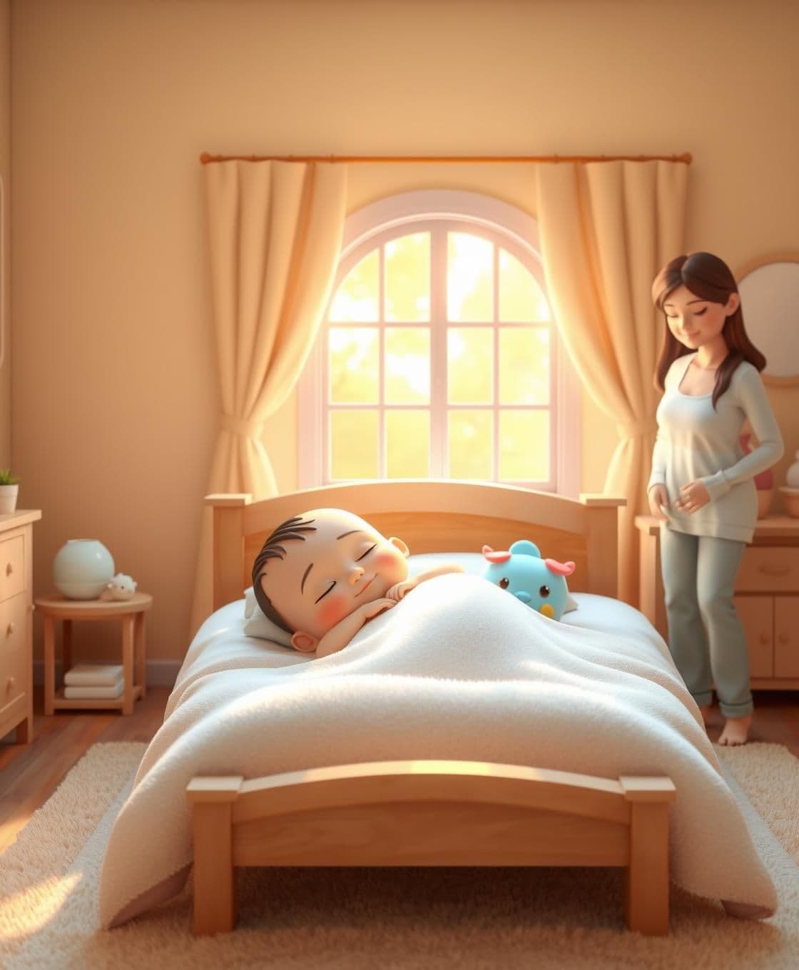 AI generated: There is a super cute 3D cartoon baby sleeping peacefully in his cozy and loving bedroom. The room is very soft, warm, and decorated with pastel colors, with a fluffy blanket and c