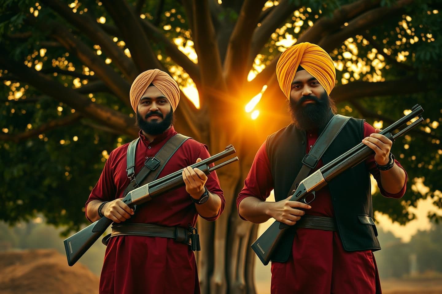 AI generated: Create a highly realistic photo of two Punjabi men standing confidently under a large banyan tree during golden hour. The first man should look exactly like the uploaded person (sa
