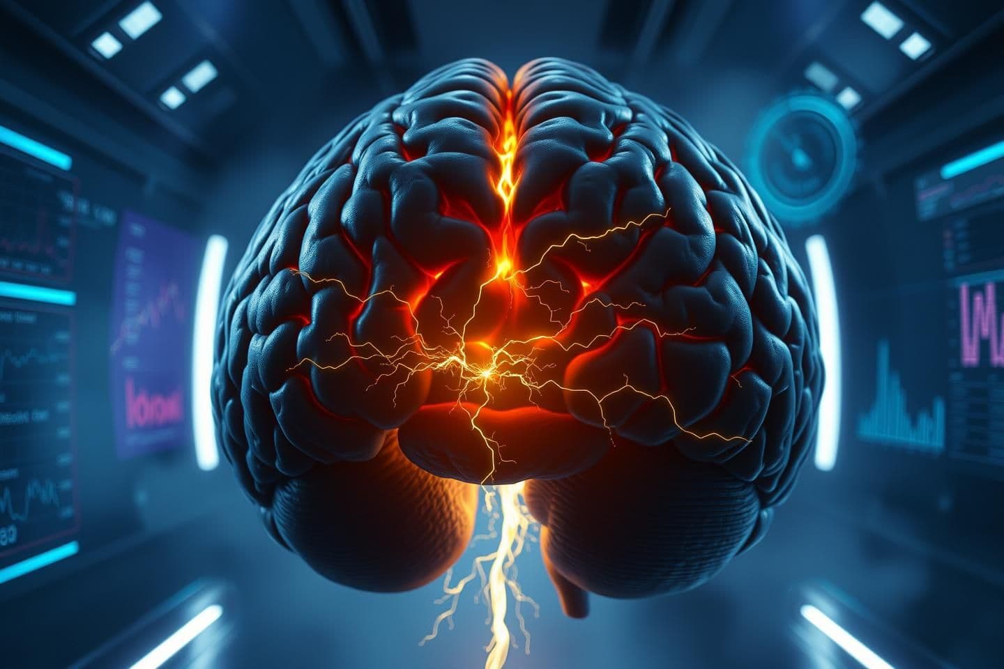 AI generated: Hyper-realistic 8K shot of a human brain inside a dim futuristic research chamber. Deep inside the brain, a mysterious region is glowing — labeled by scientists as the ‘Neural Dark