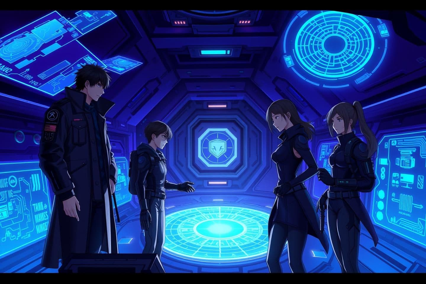 AI generated: “Create a semi-realistic anime-style illustration of an intense mission scene inside an underground command chamber.
The atmosphere is dark, high-tech, glowing in deep blue and vio