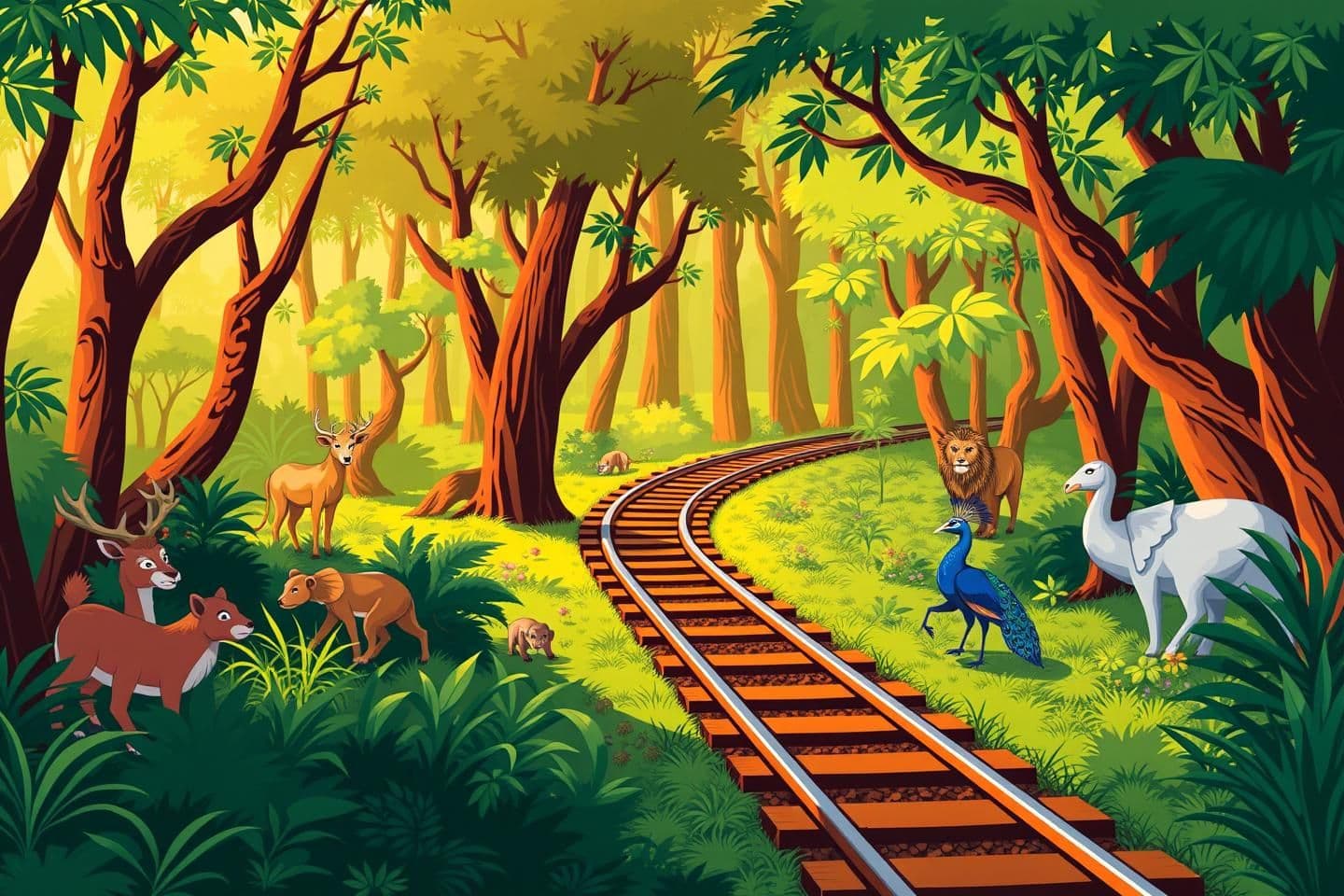 AI generated: IMPORTANT: Generate with all text in Hindi script only. In a dense forest lived happily all kinds of animals—deer, monkeys, elephants, peacocks, and the king of the jungle, the lio