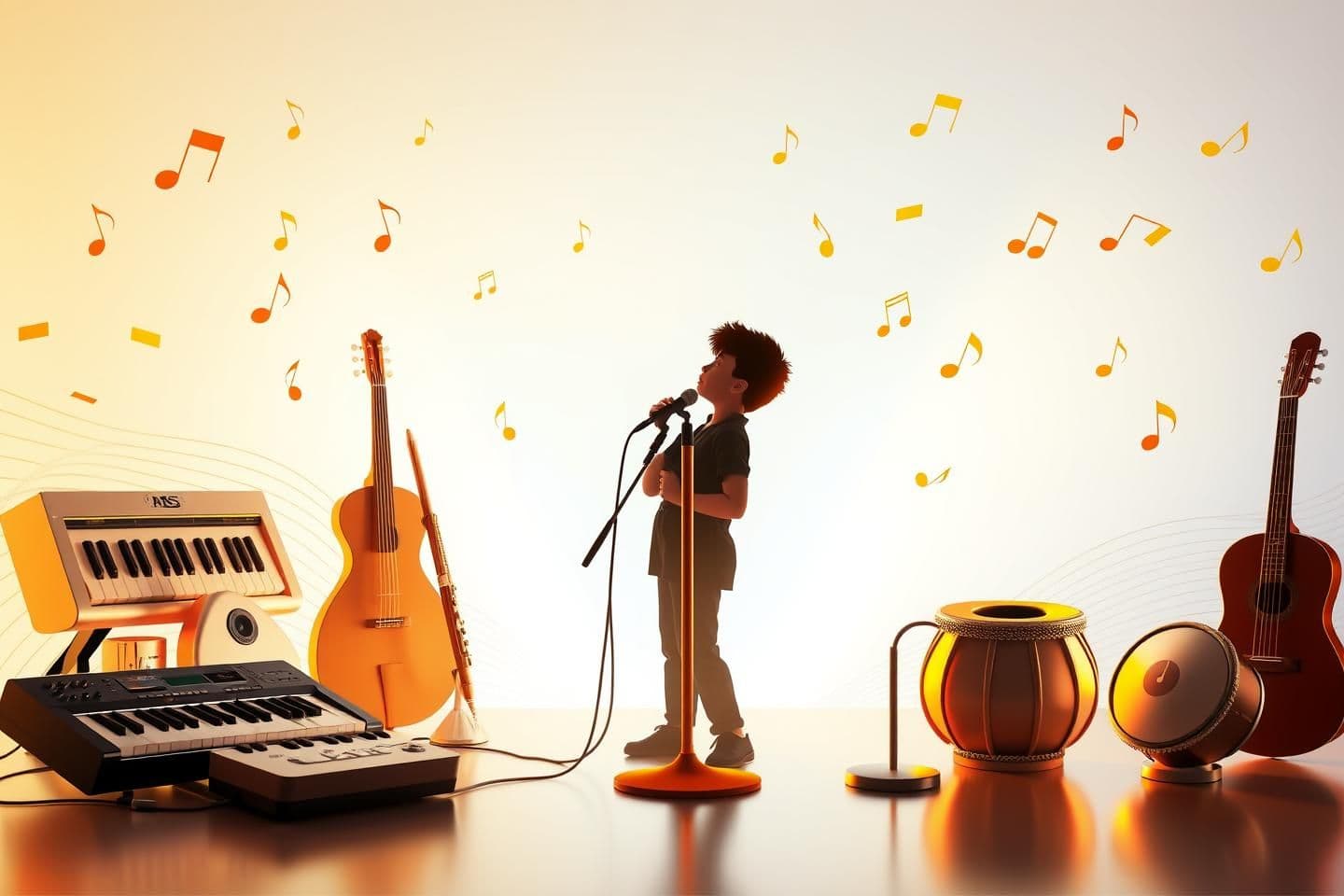 AI generated: A vibrant music academy brochure cover, elegant modern design, soft golden and blue color theme, musical notes floating in the background, high-quality 3D instruments arranged neat