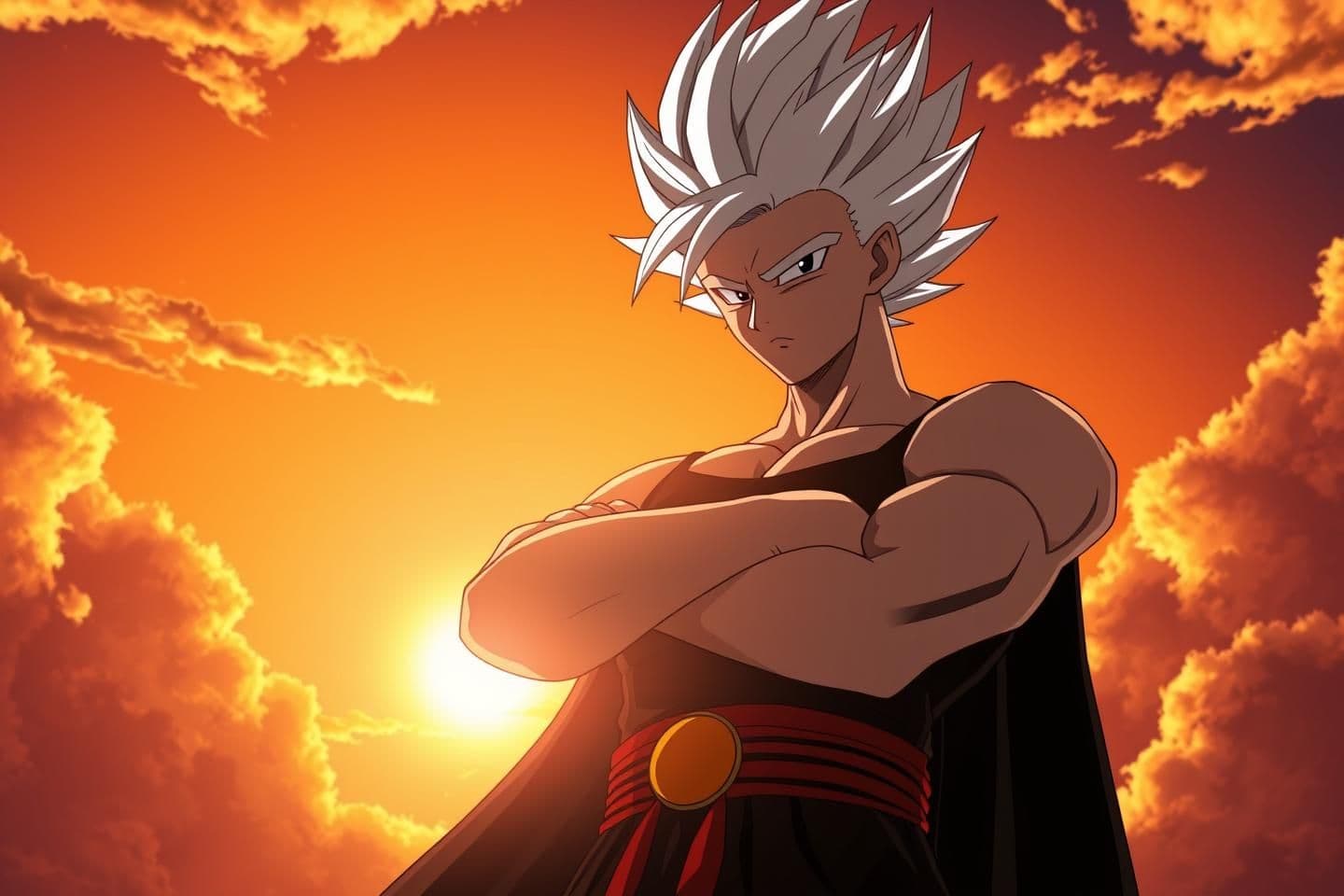AI generated: Anime-style character inspired by Dragon Ball Grand priest, standing confidently with arms crossed against a bright sunset sky with clouds. The character has tall, spiky white hair