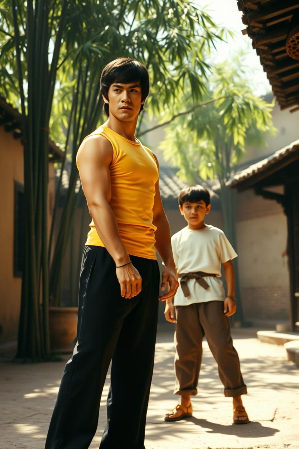 AI generated: Old kung-fu courtyard with bamboo trees, warm sunlight, dust particles in air. Bruce Lee wearing yellow training top and black kung-fu pants stands calmly. A young student in white