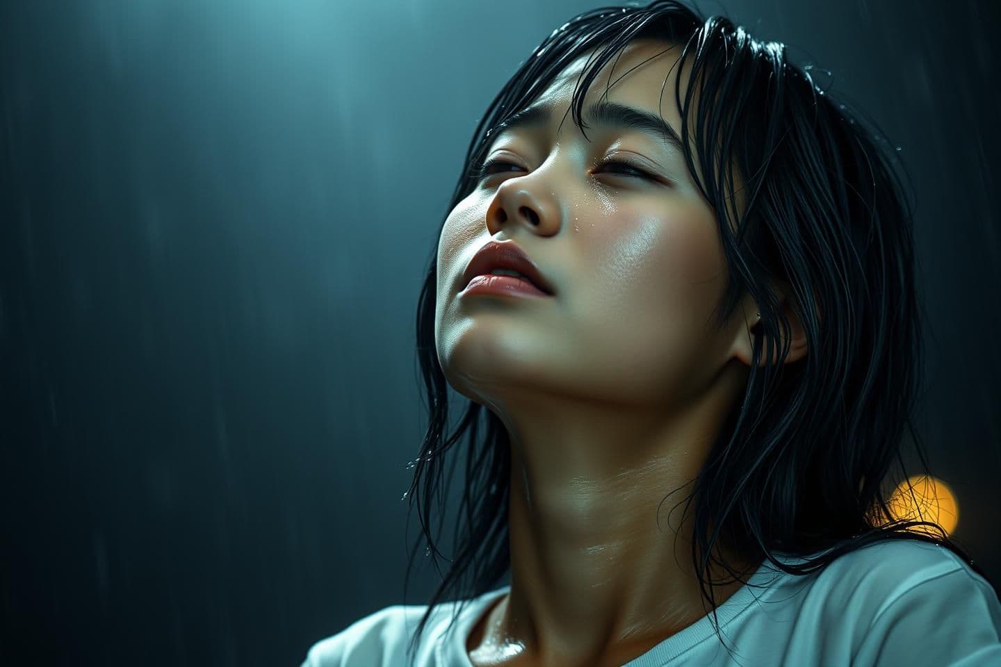 AI generated: Young southeast asia woman, micro-zoom, cinematic portrait in a heavy rainstorm. Primary reference image must be used for 100% identical face, body, and hairstyle. Subject is weari