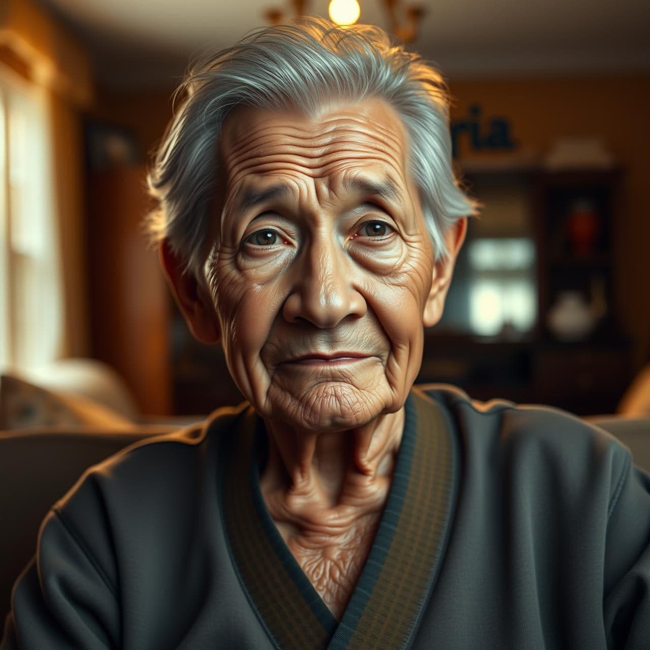 AI generated: A realistic cinematic portrait of an elderly USA grandmother sitting inside a cozy home, facing the camera with a gentle and wise expression. The background shows a warmly lit livi