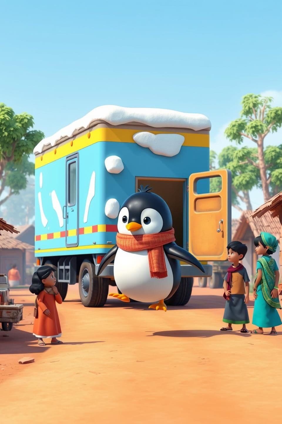 AI generated: 3D cartoonish rural Indian village street, small huts, dusty road, and trees. A big colorful ice truck with snow and frost on it stops in the middle of the road. Villagers watch cu