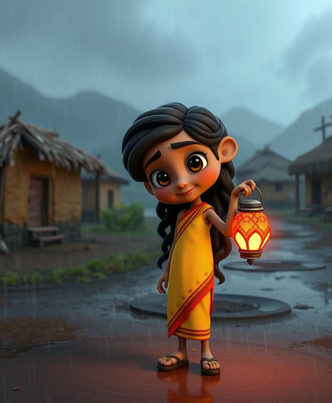 AI generated: 3D cartoon style scene in Girrola Valley village during early evening rain. Show Sonu, a 9-year-old girl, 3.8 ft tall, slim body, warm brown skin, long wavy black hair, big dark-br