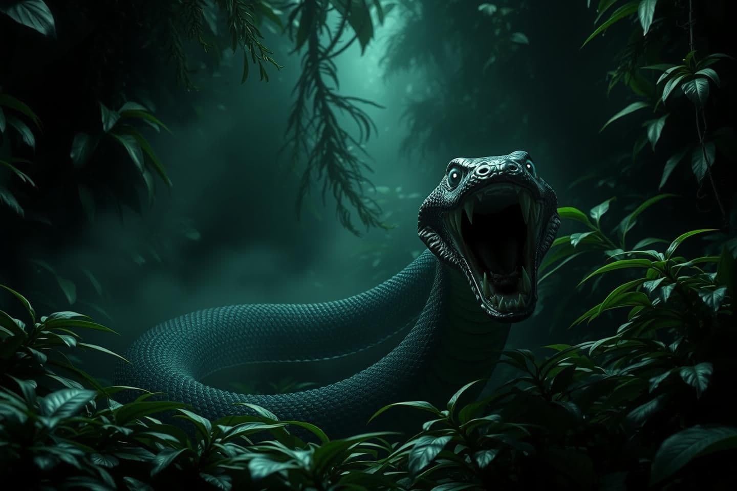 AI generated: Dense dark jungle filled with thick green plants and fog. A full-length dangerous snake completely visible from head to tail, positioned in the jungle. The snake has its mouth wide