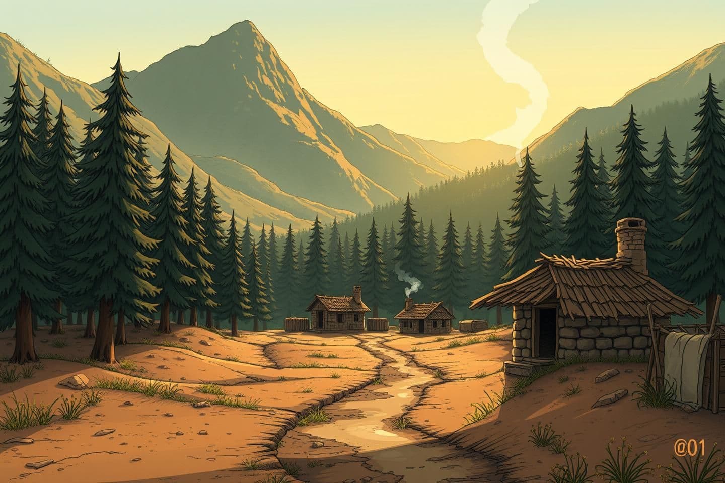 AI generated: Scene 01 — A remote village between hills and forests (dawn).
Prompt: Wide establishing shot of a tiny village nestled between dense pine forests and high hills at early dawn; smok