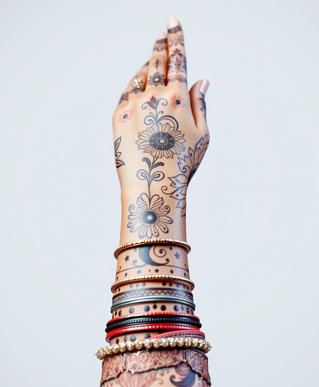 AI generated: "Generate an artistic AI-style image of the bridal arm of an Indian bride named Heena, shown from fingers to elbow. The arm features unique, modern-meets-traditional mehndi (henna)