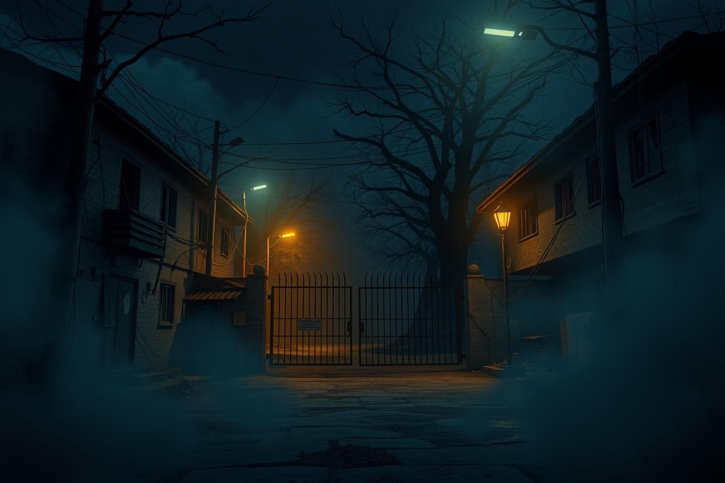 AI generated: IMPORTANT: Generate with all text in Hindi script only. Old girls hostel at night, broken streetlights, fog spreading, darkness near the gate, creepy atmosphere, no people, 16:9 ci