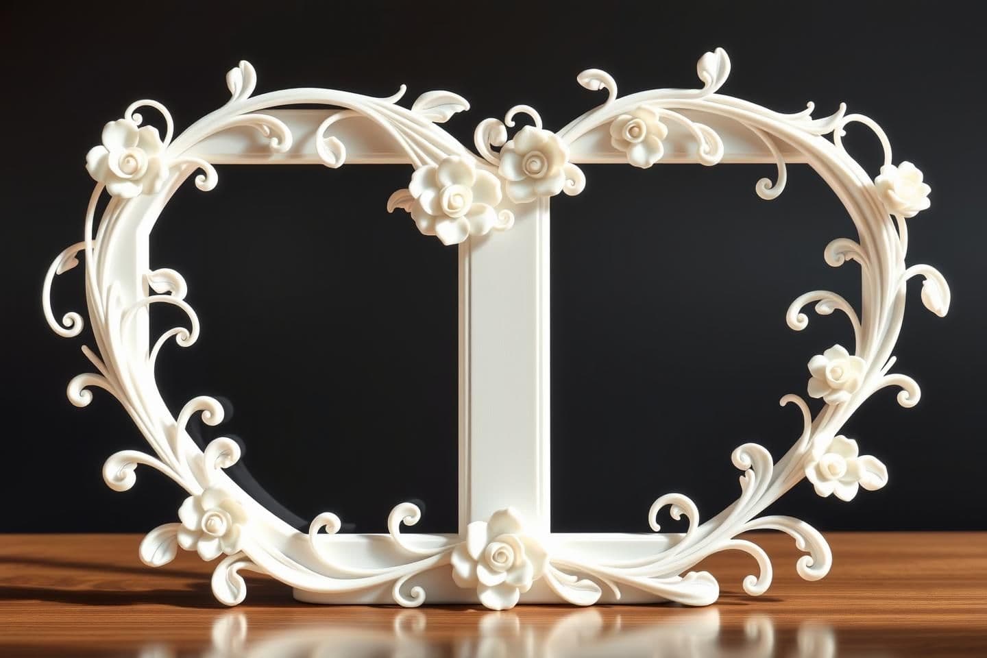 AI generated: Well structured Heart shape and A beautiful 3D printed photo frame with flowing organic vines and delicate roses, art nouveau style, seamless continuous design, matte white PLA mat