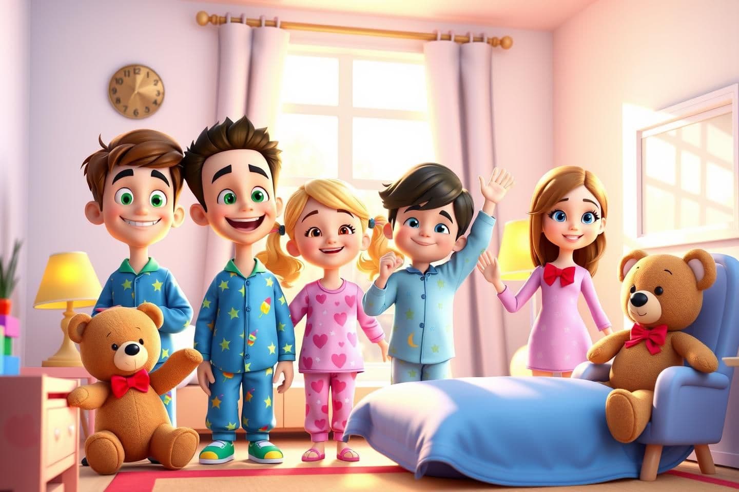 AI generated: 3D 4K cartoon style scene of four cheerful kids waking up in a bright, cozy toy world bedroom as morning sunlight streams through the window.
Characters:
Tom: 8 years old, 4’2” ta