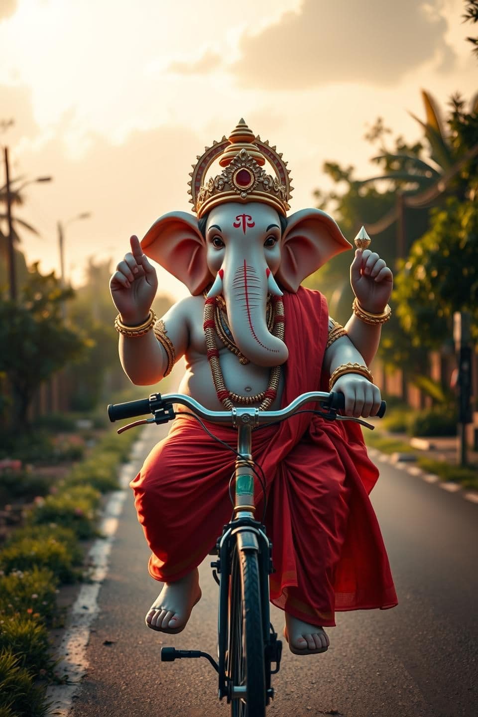 AI generated: Lord Ganesha riding a bicycle, elephant head with a gentle smiling face, wearing a golden crown and red dhoti. Morning golden sunlight, peaceful Indian village road, surrounded by