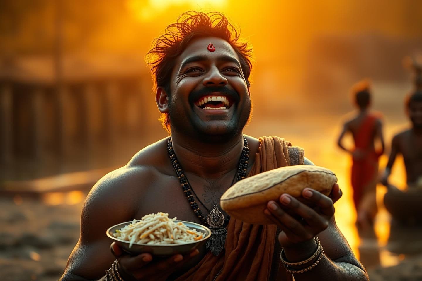 AI generated: “Ultra HD 8K mid-shot: Bhima Very muscular, broad-shouldered, strong jawline. laughing joyfully with a carefree, innocent expression, eating with enormous appetite. He holds tradit