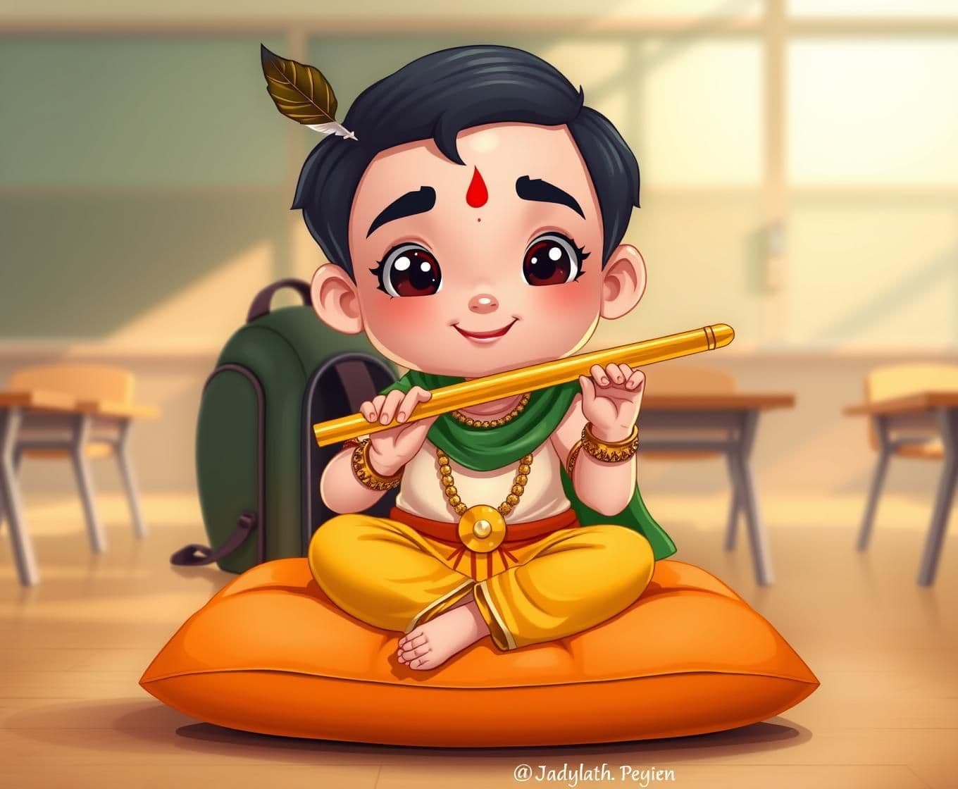AI generated: A stylized, cartoon-like representation of a young Indian boy, likely Krishna, is seated on a soft orange cushion, center in the frame. He's fair-skinned, with large, expressive ey