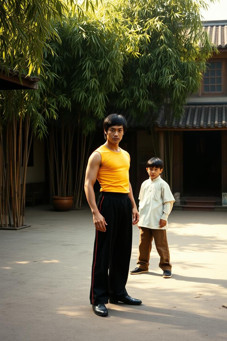 AI generated: Old kung-fu courtyard with bamboo trees, warm sunlight, dust particles in air. Bruce Lee wearing yellow training top and black kung-fu pants stands calmly. A young student in white