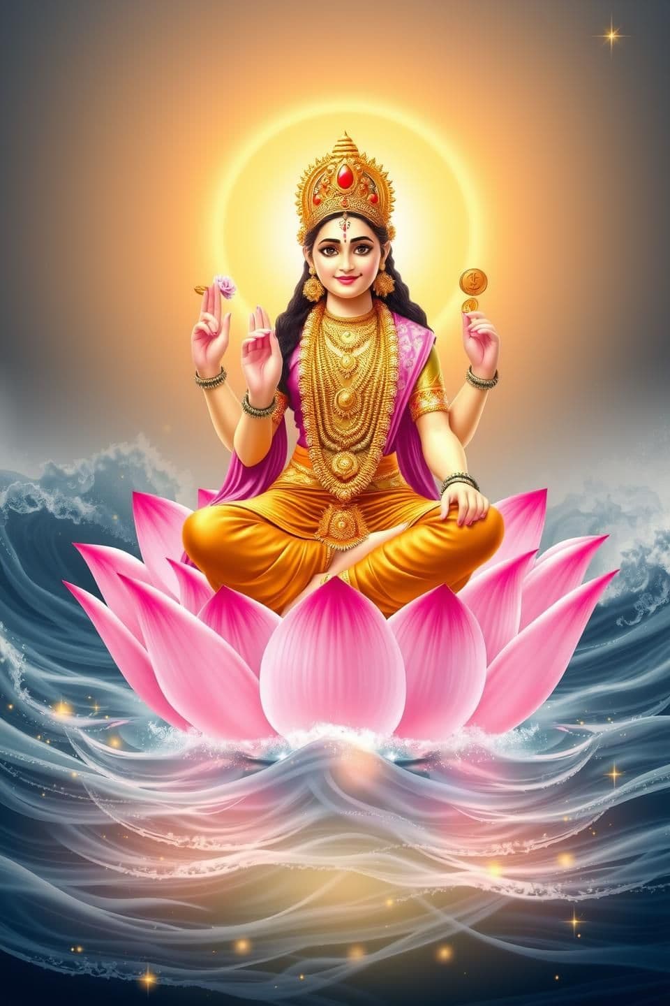 AI generated: A divine vertical 9:16 portrait of Goddess Mahalakshmi emerging from a glowing milky ocean. She is seated on a fully bloomed pink lotus, with a bright golden aura around her. Four