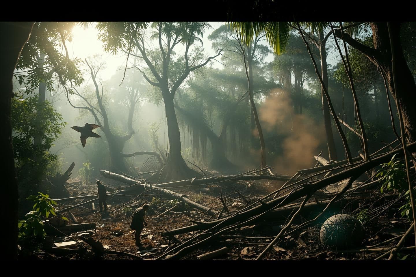 AI generated: A chaotic and destroyed jungle during the day, with no people in the scene. The forest is in ruins: broken trees, fallen branches, scattered debris, and dust floating in the air. S