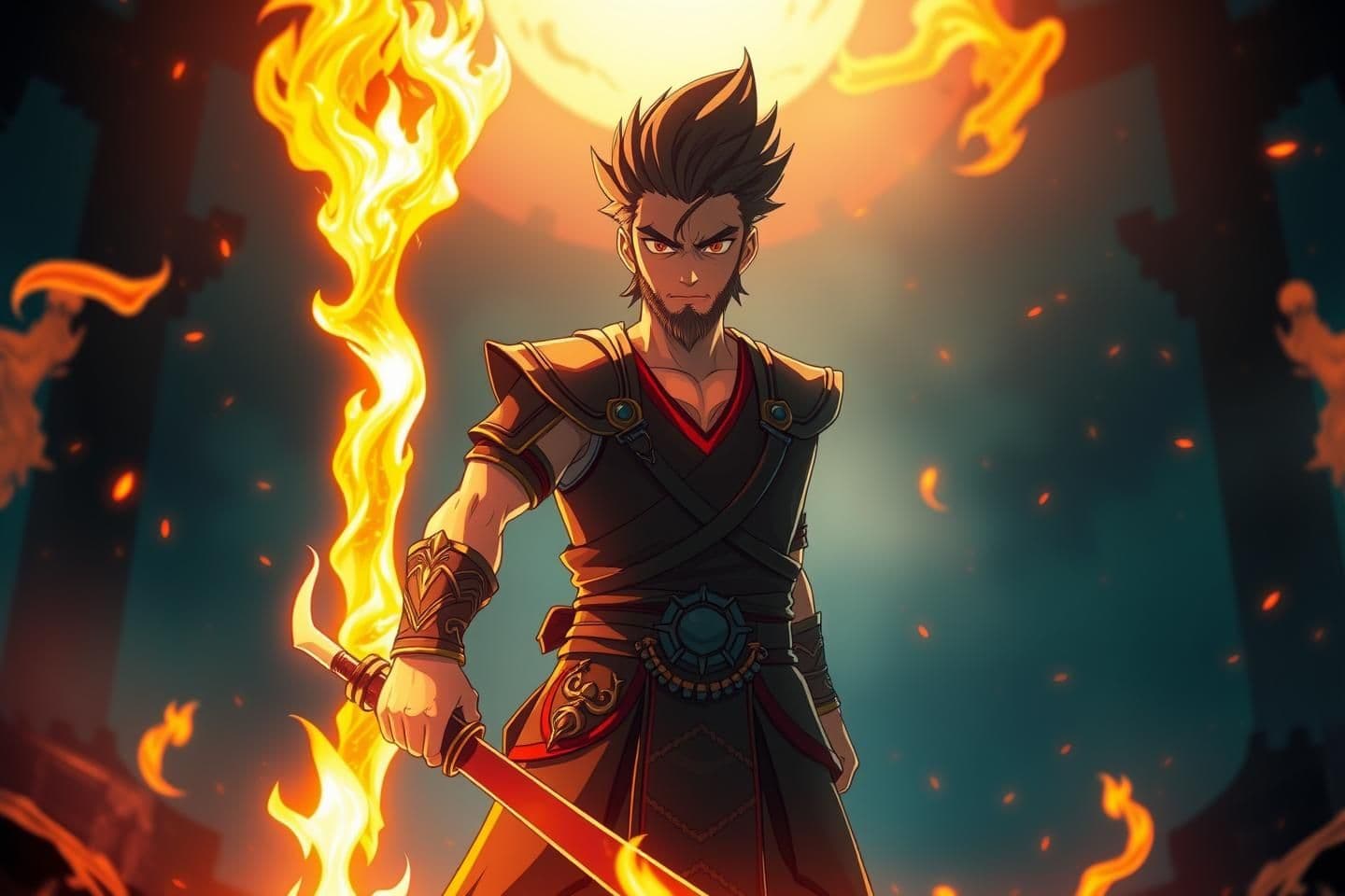 AI generated: animate 4K heroic forging master standing with mighty glowing sword, embers drifting around, fire illuminating face, mythic aura, calm powerful expression, epic anime movie frame,