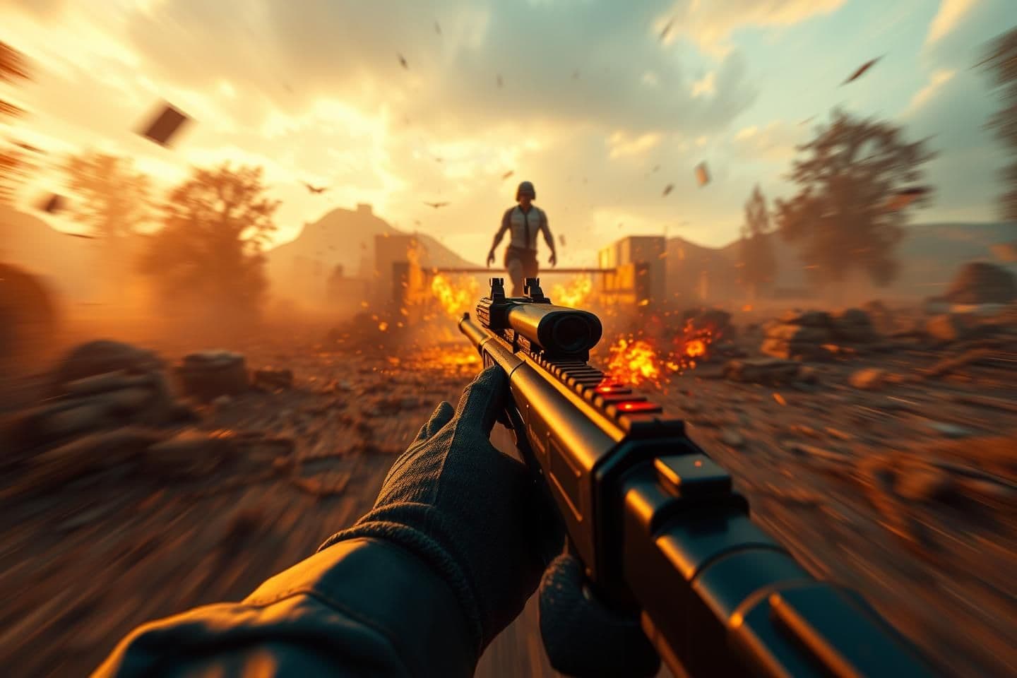 AI generated: Ultra-realistic PUBG PC FPS scene, first-person view holding an M416 with red-dot sight, high detail gloves, intense battleground environment, flying debris, motion blur for action