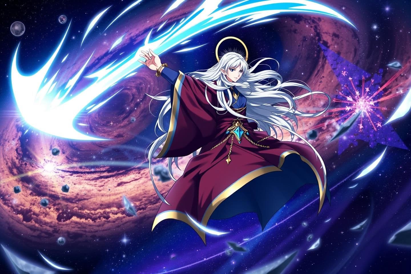 AI generated: A celestial anime warrior with long silver hair and a floating circular crest behind his head. He wears a flowing maroon and indigo robe with glowing trim. Standing alone in a cosm