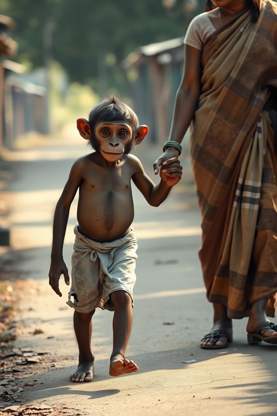 AI generated: Hyper-realistic 3D scene of a poor, human-like young monkey boy wearing a dirty, torn white ganji and simple shorts. His mother, taller than him, wearing a faded, old, poor-quality