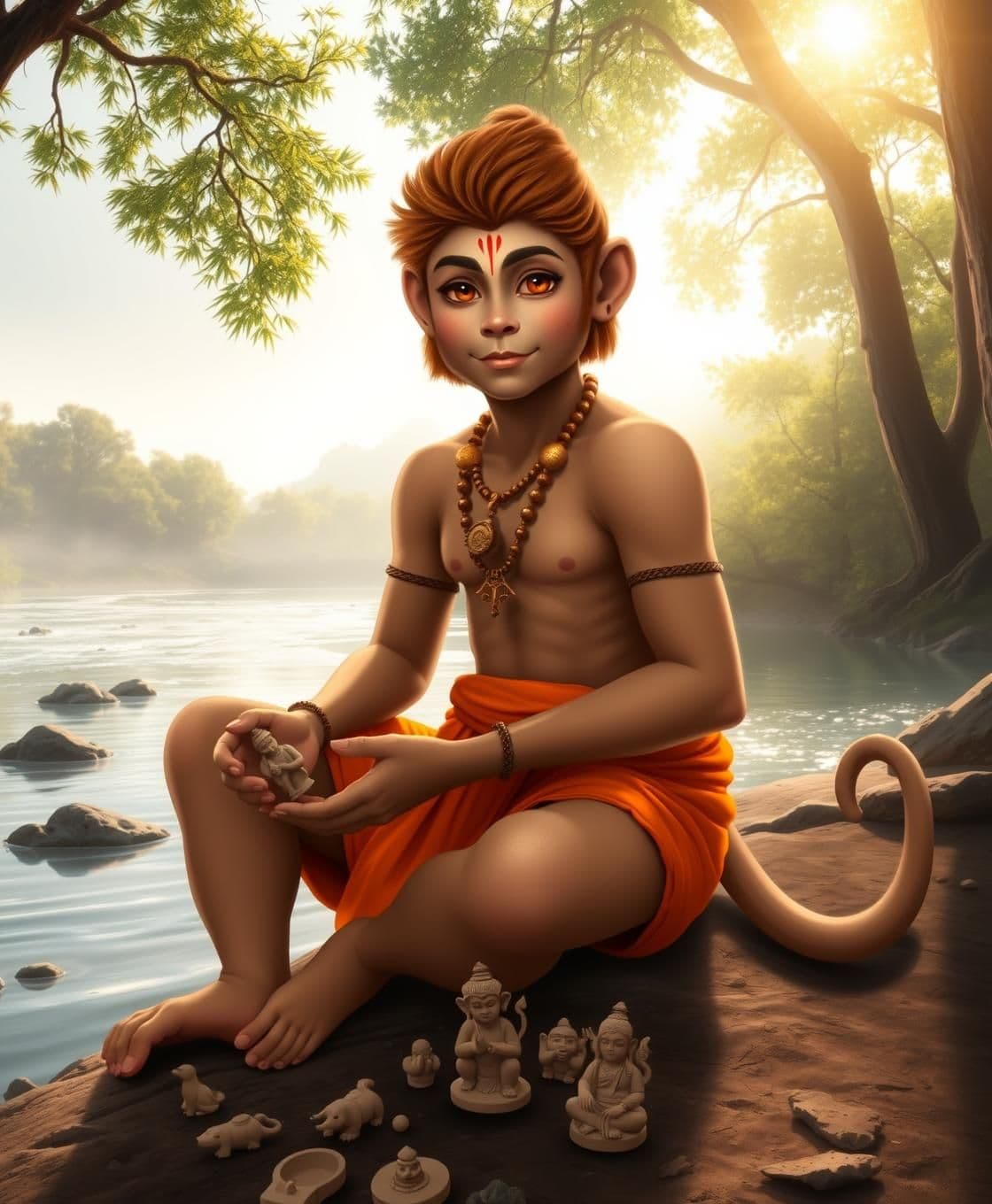 AI generated: Image Prompt (Text-to-Image):
A 12-year-old Bal Hanuman in monkey form sitting near a calm riverside in a forest morning.
Hanuman’s height is 3.5 feet, strong athletic build, golde