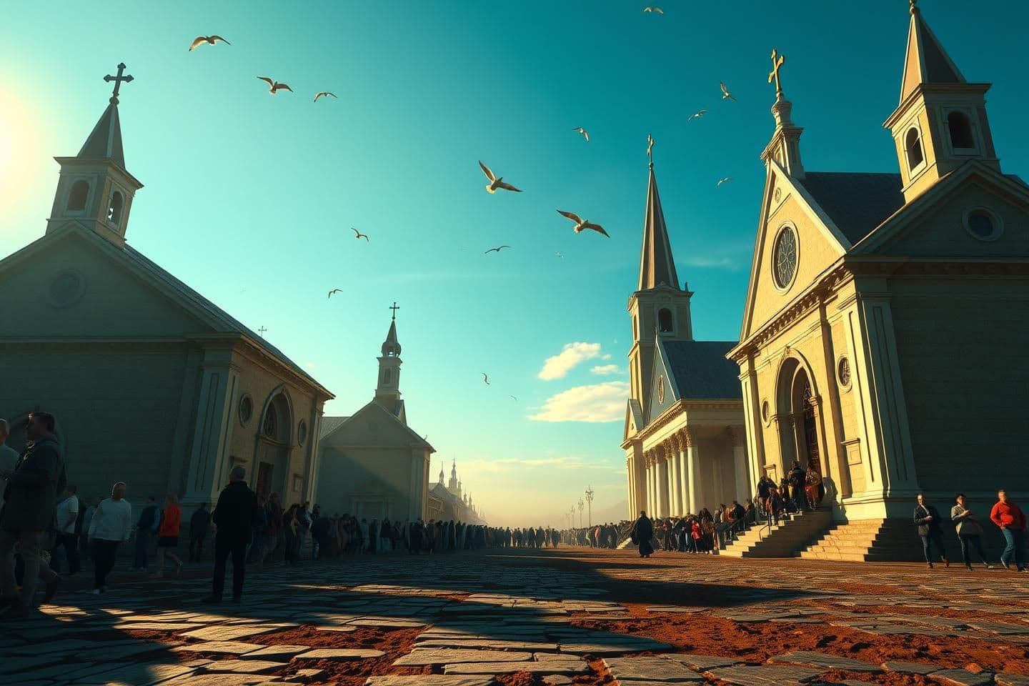AI generated: Create a detailed image prompt for me showing two churches standing face to face. Many people on the ground would be amazed by this sight. There should be a crowd of people in both
