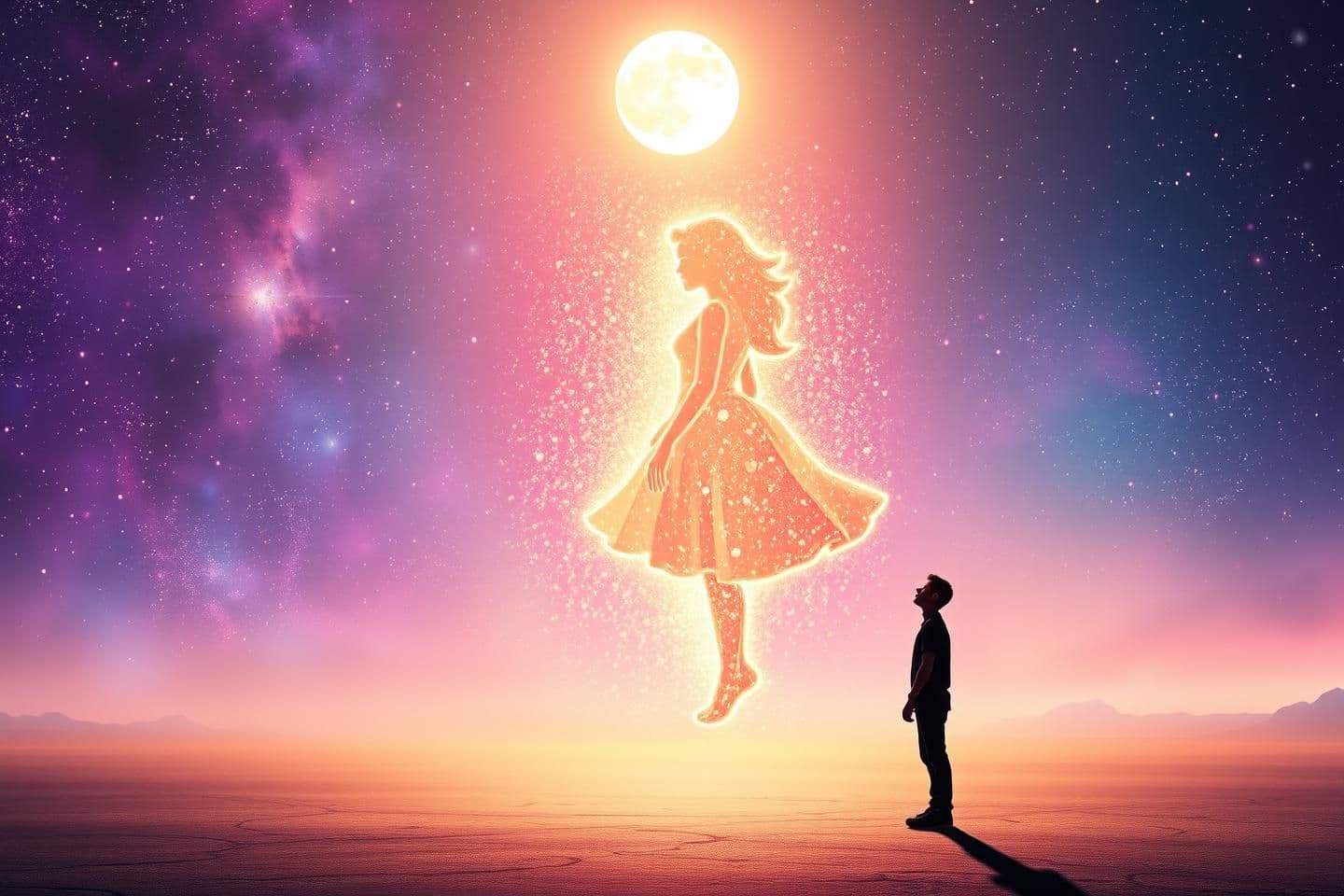 AI generated: “A lonely man in one-sided love stands on a vast, moonlit ground beneath an enchanting night sky shimmering with stars, galaxies, and floating light particles. The background glows