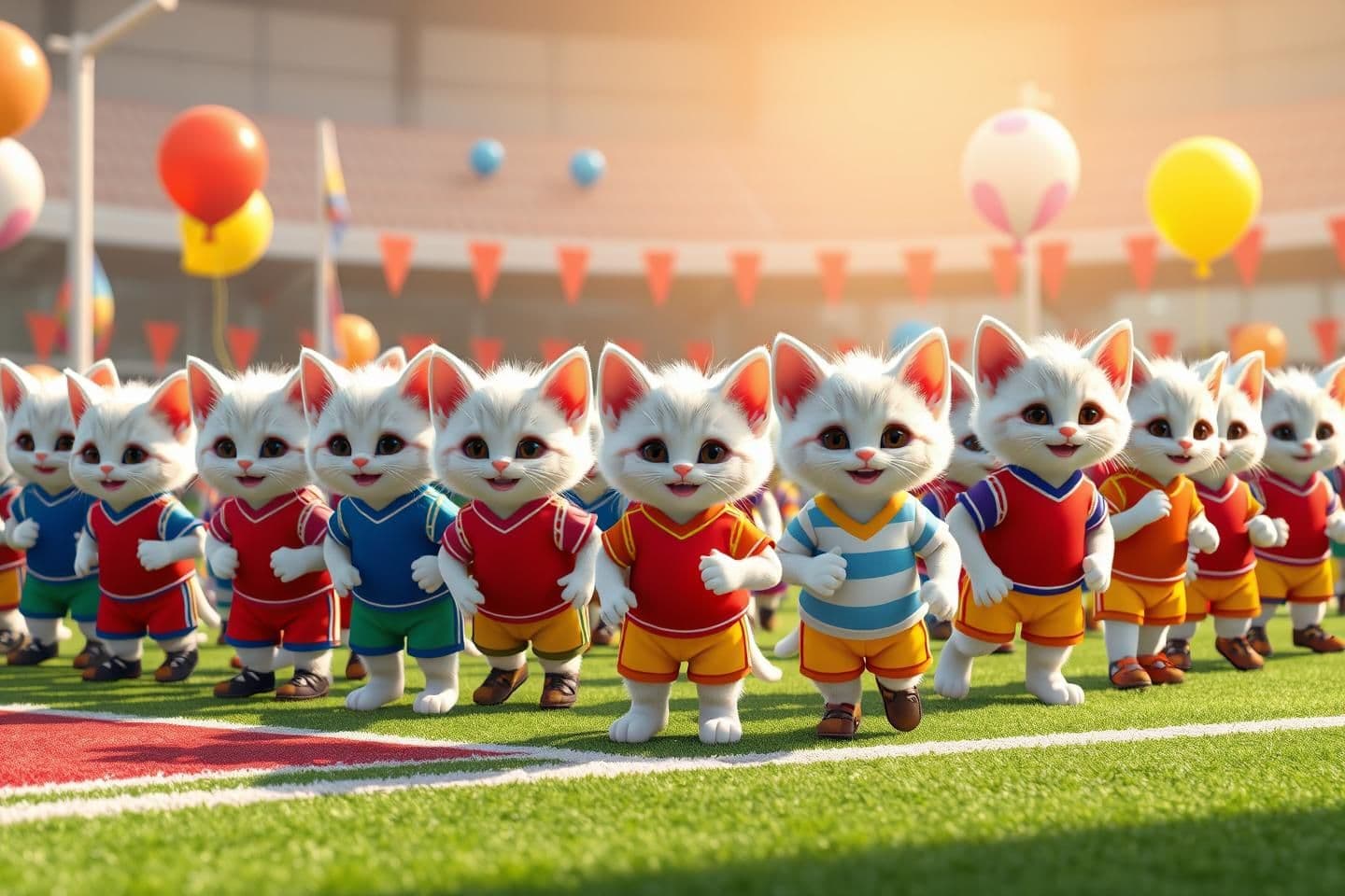 AI generated: Ultra realistic Pixar-style, a cheerful school sports ground filled with tiny white-fur kitten kids wearing colorful sports uniforms, age 4, balloons, flags, playful environment, s
