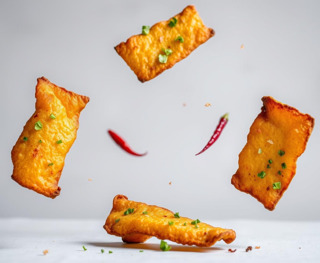 AI generated: "A photograph of beatroot chips floating against a light grey background. The chips should be rectangular, showcasing various shades of lightly and deeply toasted color to emphasiz