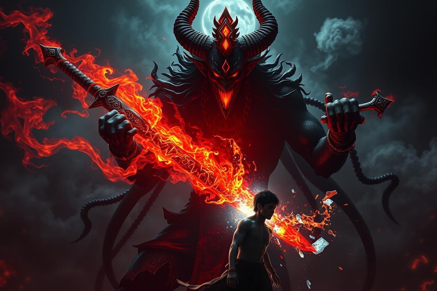 AI generated: Depict the demon Kali Purush in a colossal dark form, wielding a sword made of swirling red anger, molten-gold greed, and blinding white arrogance. Each emotion forms glowing crack