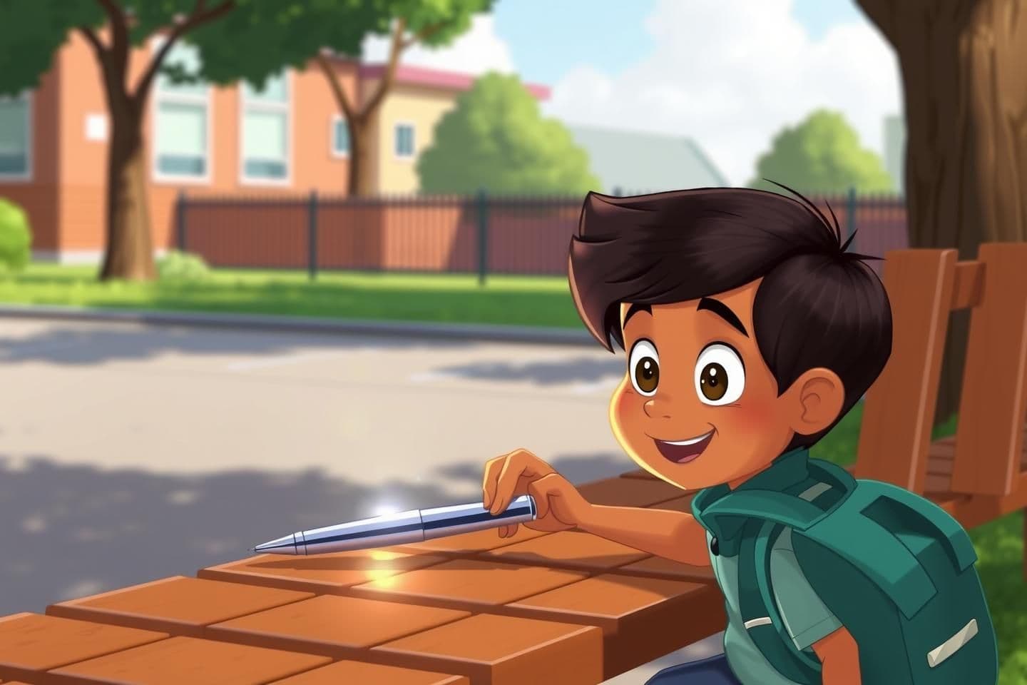 AI generated: Scene 1: Boy Finds Pen
"2D cartoon boy finding a shiny pen on school bench"
Ravi, a cheerful 2D cartoon boy with wide eyes and a backpack, spots a shiny fountain pen gleaming on th