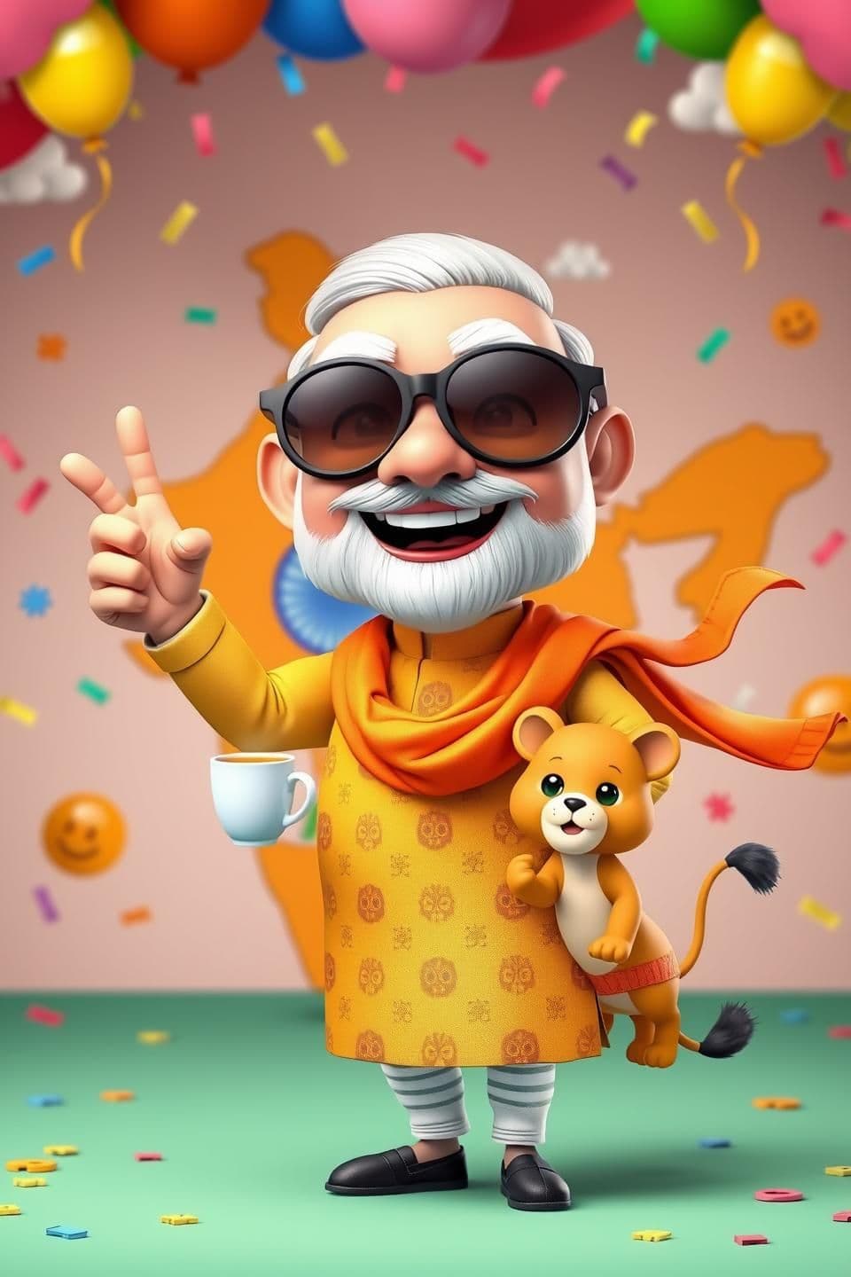 AI generated: “A cute and funny 3D cartoon version of Narendra Modi giving a big cheerful smile, wearing oversized round sunglasses and holding a tiny cup of chai. He is standing in front of a c