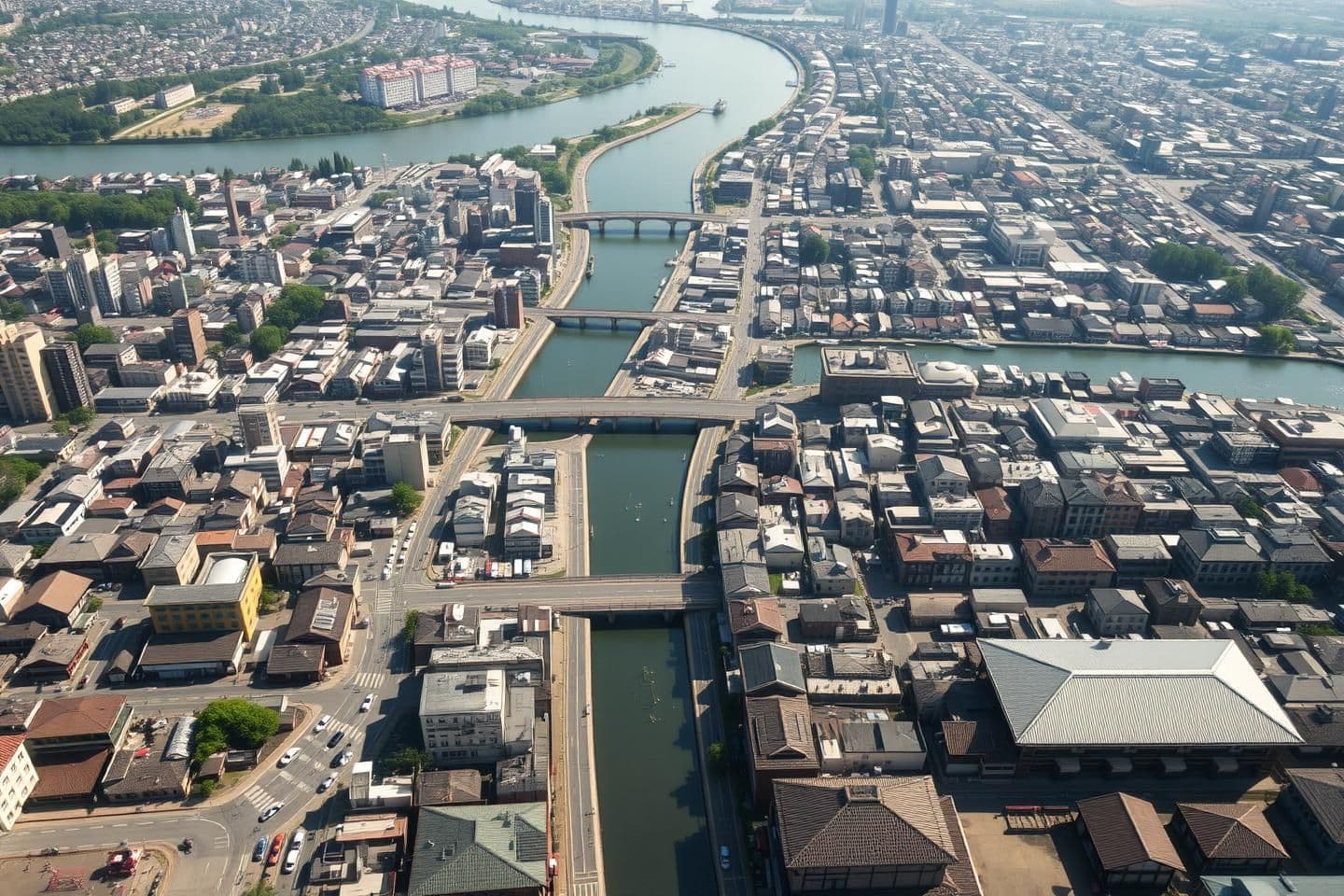 AI generated: Create a highly realistic aerial photograph of Hiroshima city as it appeared before the 1945 bombing. Show the city from a top-down viewpoint, with detailed streets, rivers, bridge
