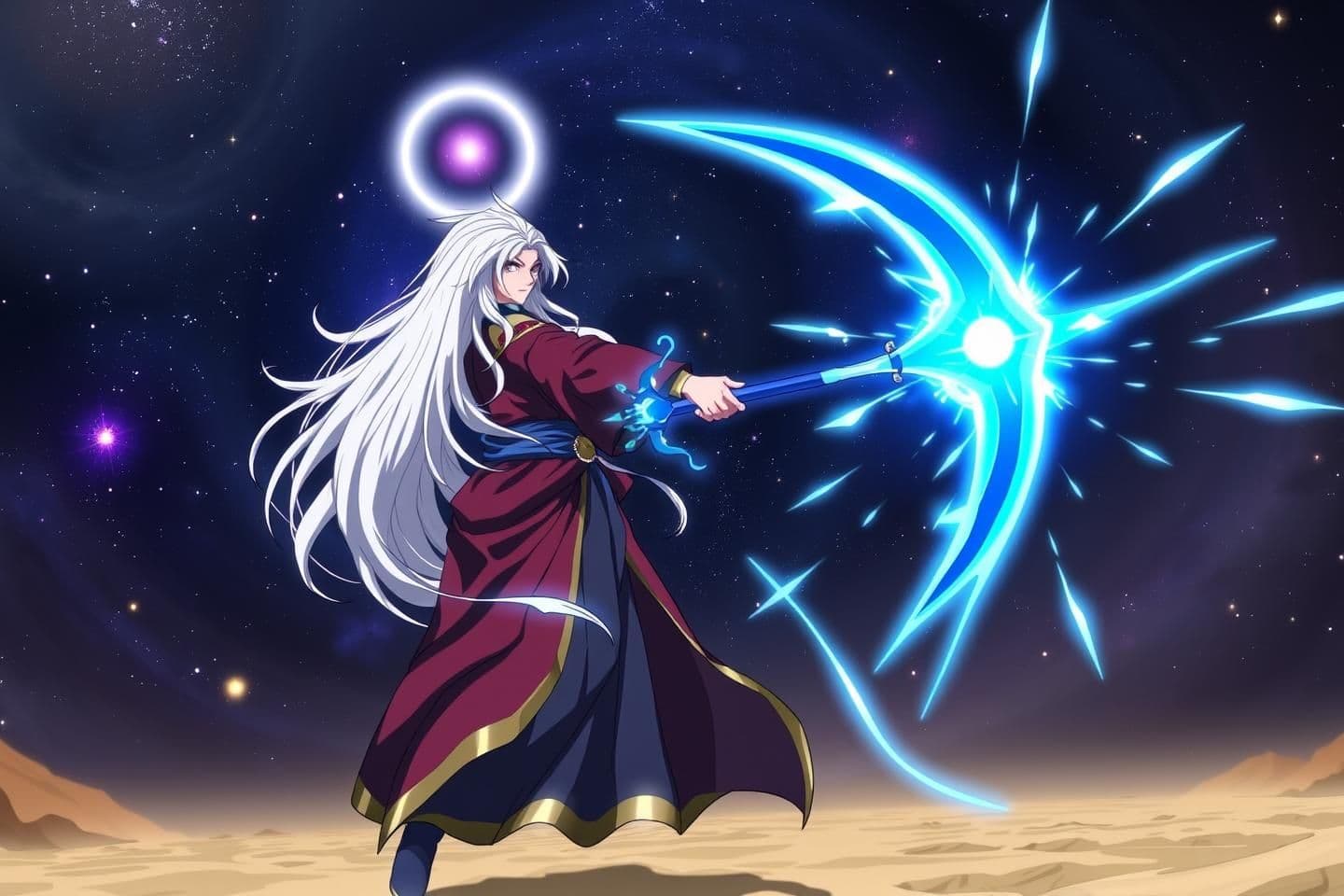 AI generated: Inspired by whis from dragon ball super A divine anime warrior with long silver hair and a glowing circular crest floating behind his head. He stands alone in a cosmic battlefield,