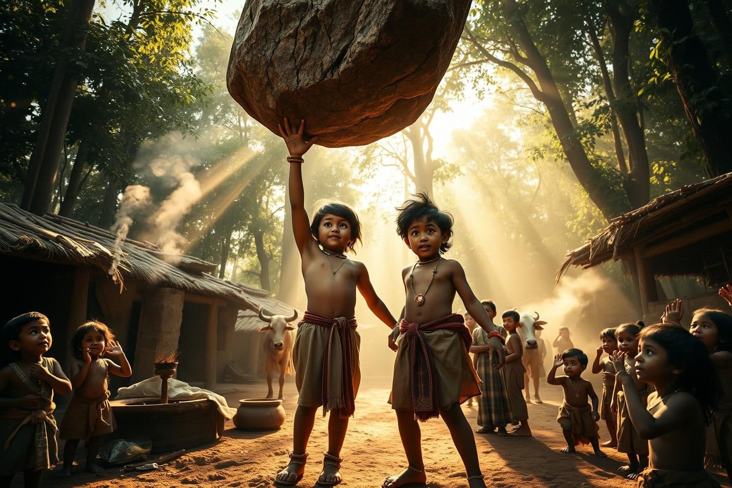 AI generated: “Young Barbarik, around 8–10 years old, effortlessly lifting a massive boulder with one hand, his small body radiating extraordinary divine strength. His eyes shine with a subtle c