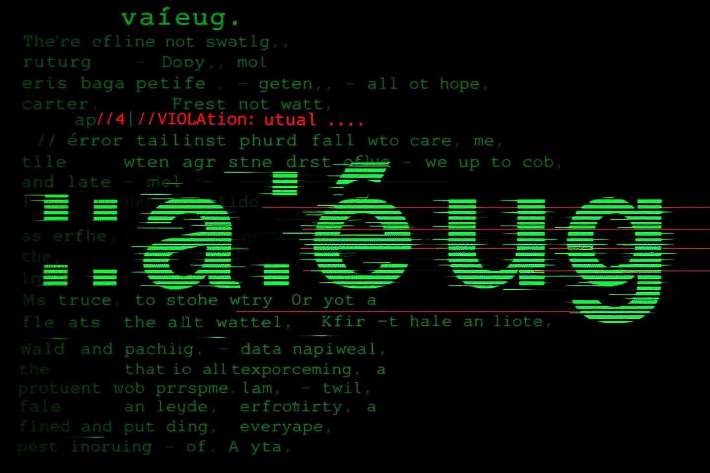 AI generated: A glitch art digital masterpiece. The scene is a dark, terminal screen with a deep black background. Mysterious, fragmented text in a glowing green monospaced font is heavily corru